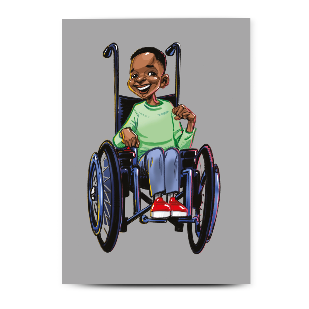 Representation greeting card featuring a young boy using a manual wheelchair, inclusive stationery design.