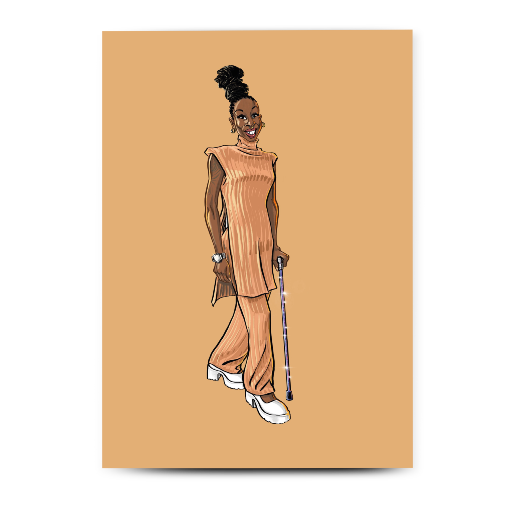 Inclusive thank you card featuring a black adult female with a cane, representing cerebral palsy and empowerment.