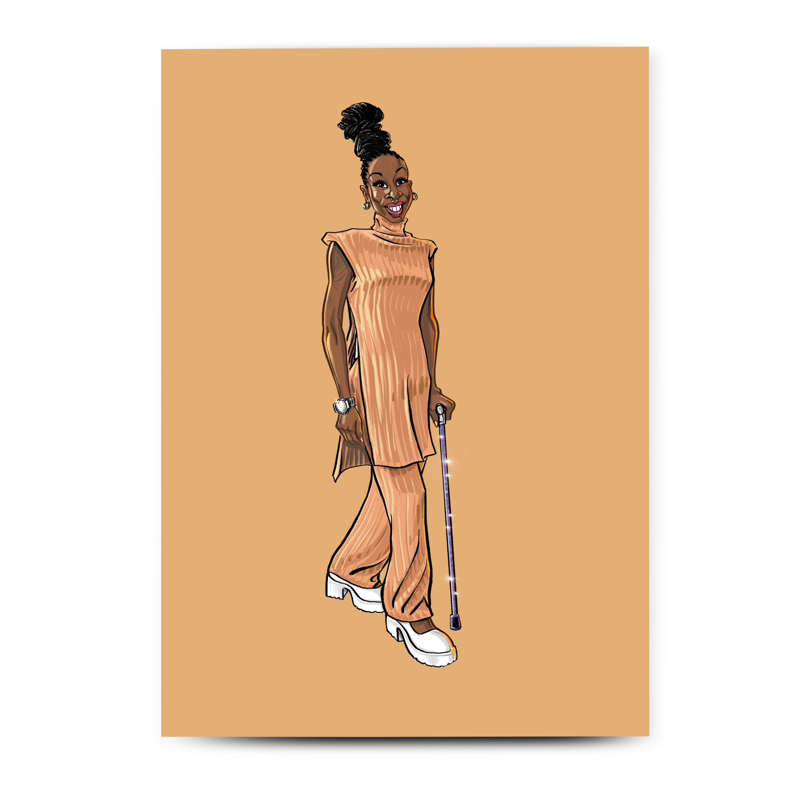 Inclusive thank you card featuring a black adult female with a cane, representing cerebral palsy and empowerment.