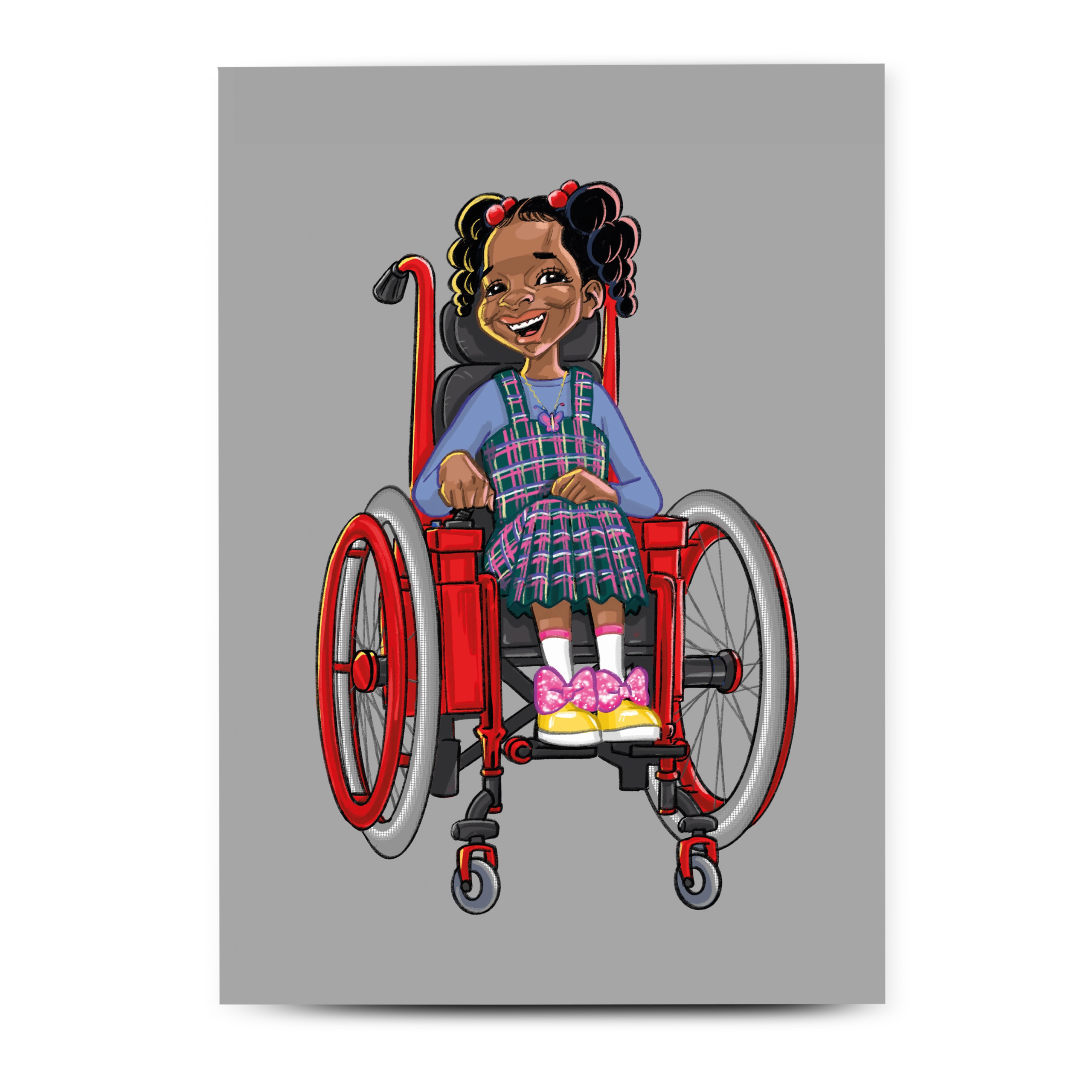 Hand-illustrated card of a young girl in a wheelchair, inclusive representation for birthdays and celebrations.