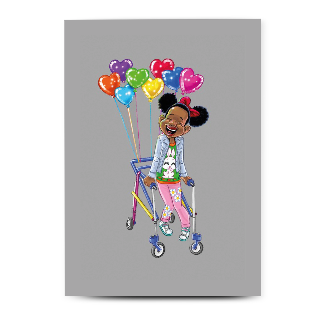 Inclusive birthday card illustration of a young girl using a walking frame, vibrant character design.