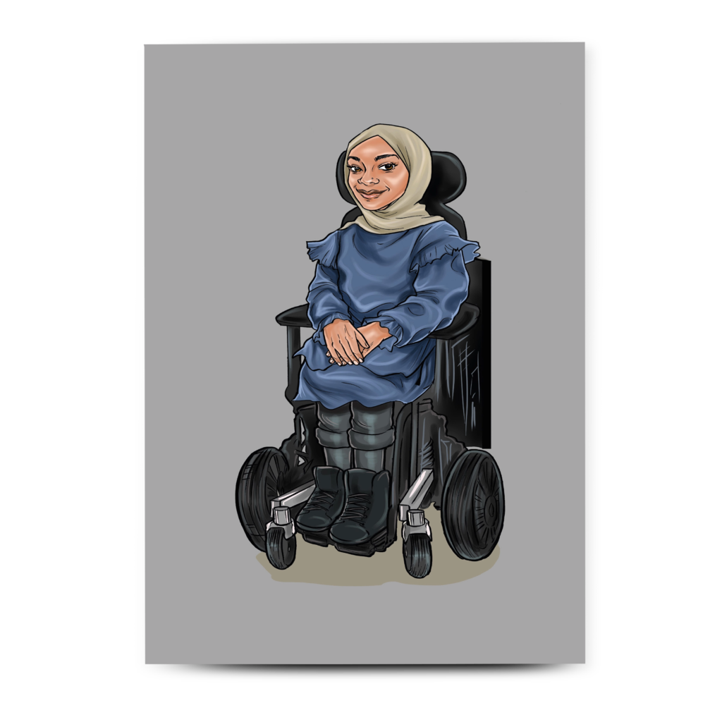 Inclusive greeting card featuring a woman in a hijab using a wheelchair, celebrating diverse identity and disability.