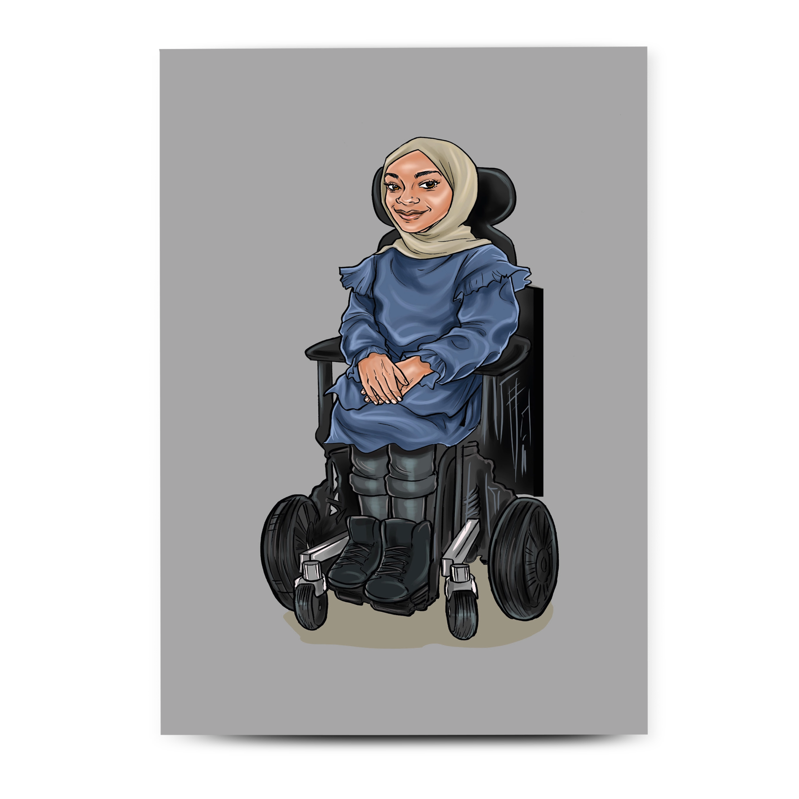 Inclusive greeting card featuring a woman in a hijab using a wheelchair, celebrating diverse identity and disability.