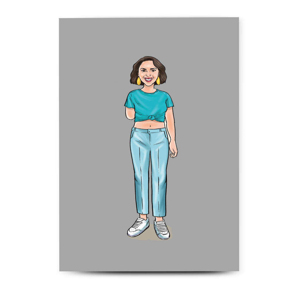 Inclusive stationery featuring a white adult female with an arm limb difference, simple and thoughtful hand-drawn illustration.
