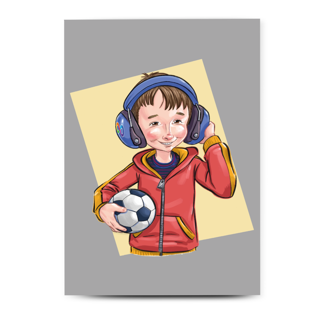 Positive autism representation greeting card showing a young boy with blue headphones, hand-illustrated inclusive art.