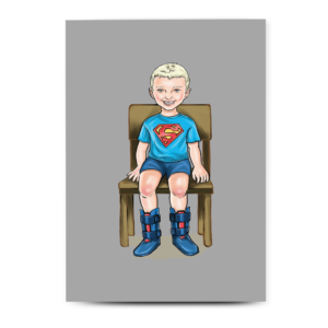 Inclusive children's greeting card showing a young boy with leg braces standing confidently, hand-drawn illustration.