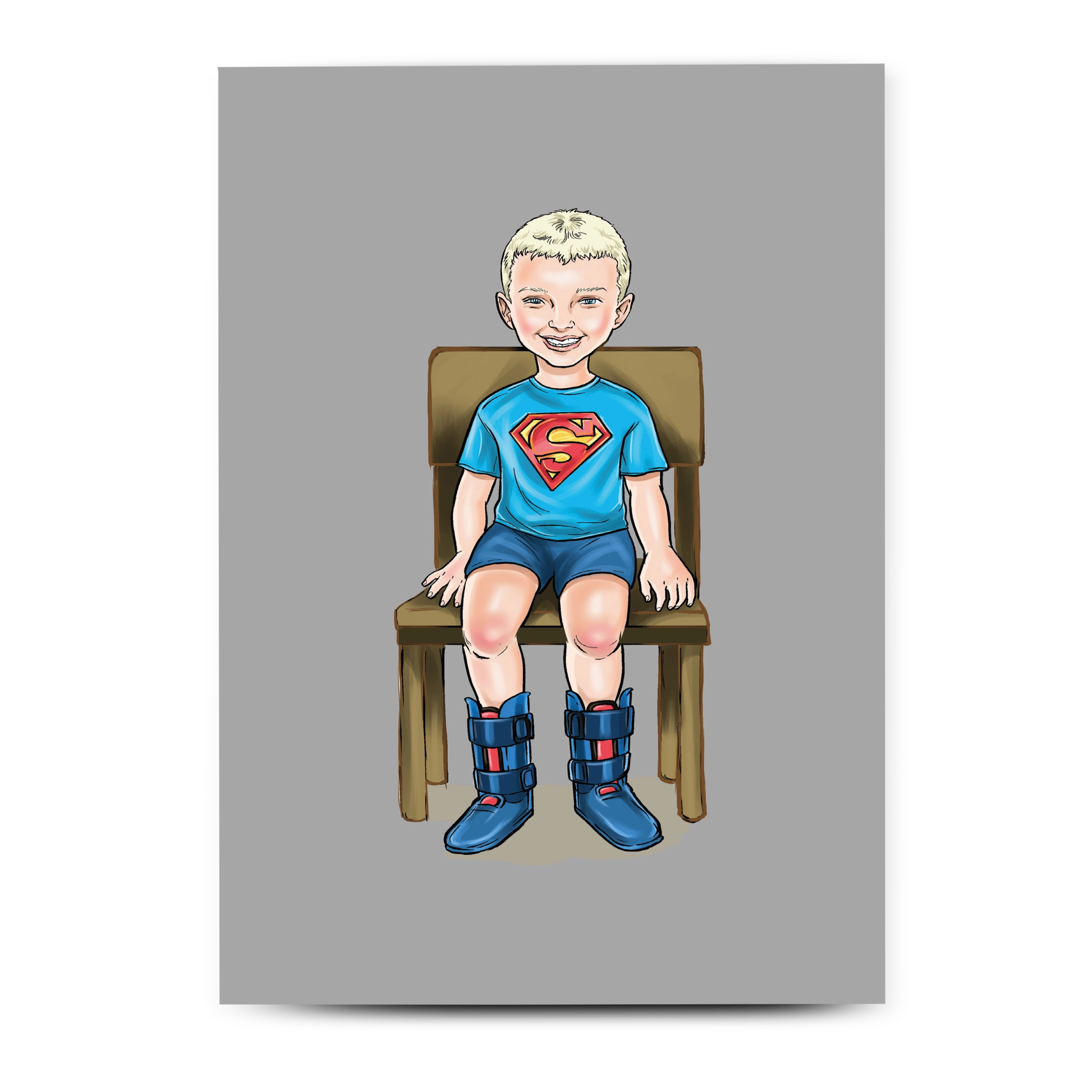 Inclusive children's greeting card showing a young boy with leg braces standing confidently, hand-drawn illustration.