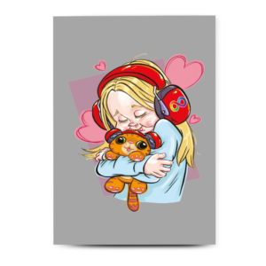Inclusive card for autism representation featuring a young girl wearing noise-canceling headphones, calm and affirming illustration.