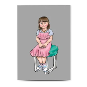Inclusive greeting card illustration of a young girl with Down's syndrome in a pink ruffled dress sitting on a teal stool.