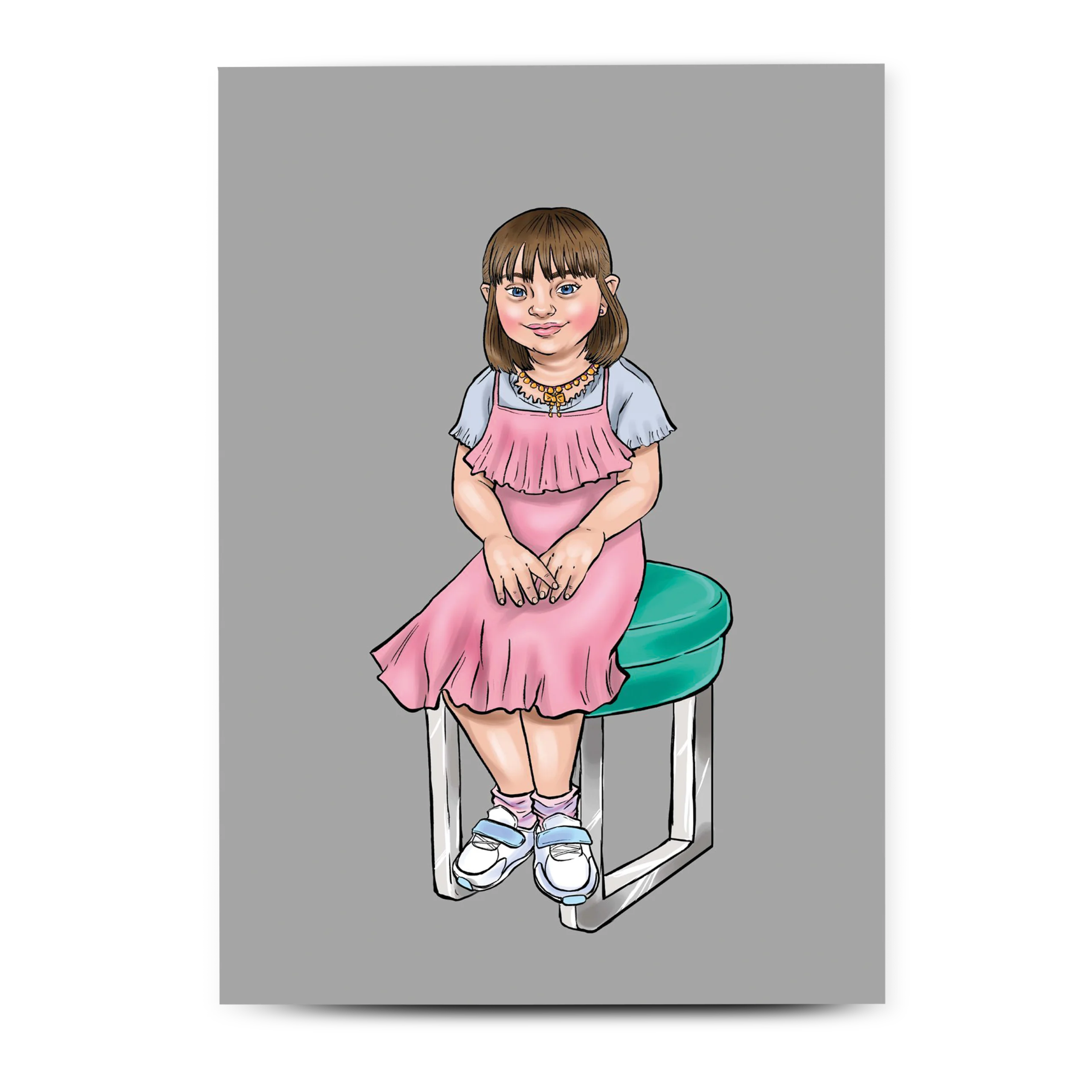 Inclusive greeting card illustration of a young girl with Down's syndrome in a pink ruffled dress sitting on a teal stool.