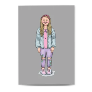 Inclusive greeting card illustration of a teenage girl with Down's syndrome wearing a denim jacket and floral leggings.